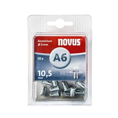 Abbildung von Novus 045 0075 A6 Blindnietmutter Ø6 mm Aluminium, 30 Nietmuttern, M4 Gewinde, 10.5 Länge, für Kunststoff und Leichtbaumaterial, Silber