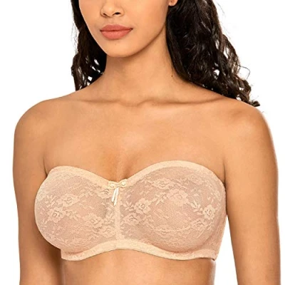 Abbildung von DOBREVA Damen Trägerloser BH mit Bügel Durchsichtig Spitze Dirndl Bandeau BHS Transparenten Trägern Beige 75E