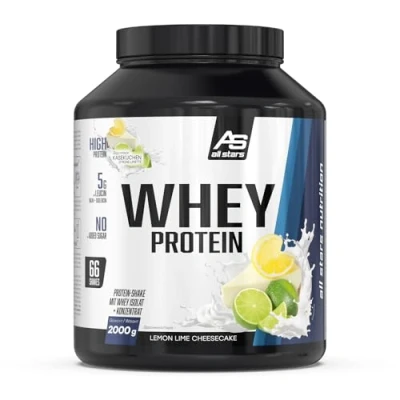 Abbildung von Neu All Stars Whey Protein 2000g I Eiweiß Pulver mit Konzentrat &amp; Isolat leckeres Low Fat Powder hochwertiges cremiger Shake (2 kg, Lemon Lime Cheescake)