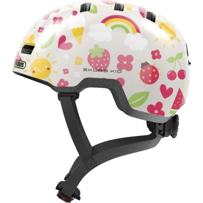 Abbildung von ABUS Kinderhelm Skurb Kid robuster Fahrradhelm im Skater Look mit Platz für einen Zopf und vielfältigen Designs Mädchen Jungen Weiß Kronenmuster, Größe S