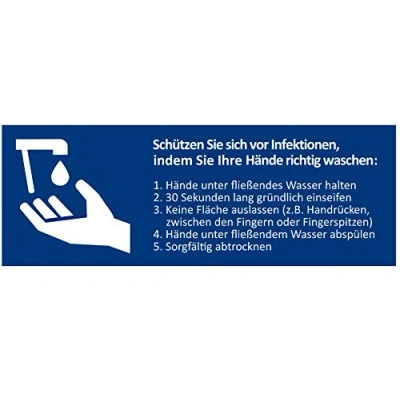 Abbildung von 5 Stück Aufkleber Händewaschen Hinweis Schild zur Anleitung zum richtigen Hände waschen und Handhygiene DIN A6 lang (7,4 x 21 cm) (Händewaschen)