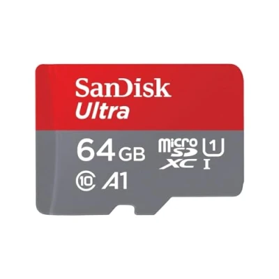 Abbildung von SanDisk Ultra 64 GB microSDXC Memory Card + SD Adapter with A1 App Performance Up to 120 MB/s, Class 10, U1, Red/Grey