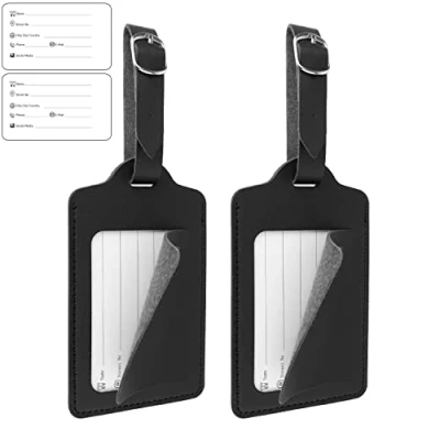 Abbildung von Premium Kofferanhänger mit Adressschild, 2 Stück, in Schwarz, elegantes Kunstleder Abdeckungsschutz, für Flugreise, Kreuzfahrt, usw., Namensschild Koffer Anhänger, Luggage Bag Tag, Adressanhänger