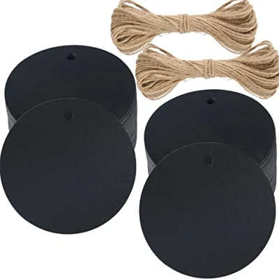 Abbildung von G2PLUS 100 Stk. Schwarz Geschenkanhänger, Rund Anhänger Etiketten, 5.5 CM Kraftpapier Etiketten Tags mit Jute Schnur, Blanko Papieranhänger für Art &amp; Craft Projekt