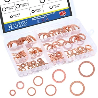 Abbildung von Glarks 165 teiliges metrisches Flachring Sortiment aus Kupfer 8 Größen von M6 M8 M10 M12 M14 M16 M18 M20