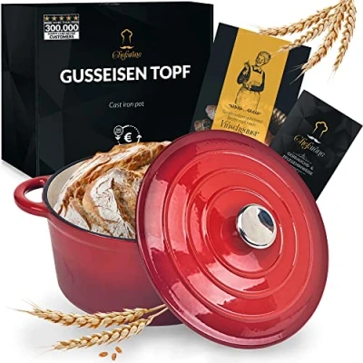 Abbildung von Gusseisen Topf Brot Backen 24 Cm, 3,5 L Schmortopf, Emailliert Zum Schmoren, und Braten, Brotbacktopf mit Deckel Induktion Bräter (rot)