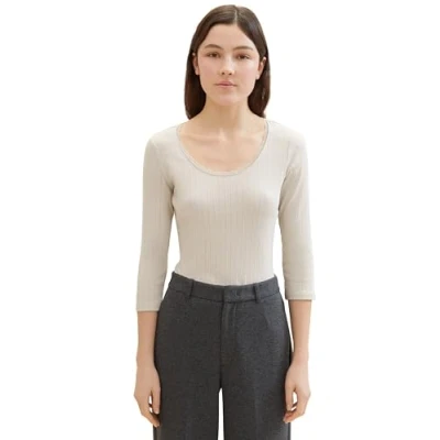 Abbildung von Tom Tailor Denim Damen Basic Langarmshirt mit Spitzendetail, 10479 Beige Grey, M