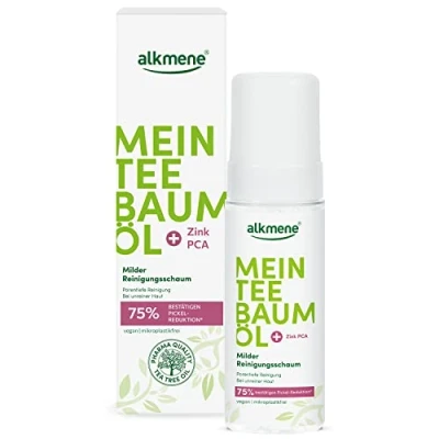 Abbildung von alkmene Mein Teebaumöl Reinigungsschaum Gesicht 2x 150 ml Pickel Reduktion 75% bestätigt naturreines Teebaumöl, vegan &amp; klimaneutral Waschschaum für unreine Haut Gesichtsreinigungs Schaum