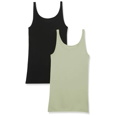 Abbildung von Amazon Essentials Damen Schmal geschnittenes Tanktop mit dünnem Trägern, 2er Pack, Helles Salbeigrün/Schwarz, M