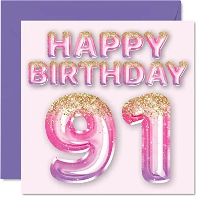 Abbildung von Stuff4 Geburtstagskarte zum 91. Geburtstag für Frauen rosa und lila Glitzerballons Happy Karten 91 Jahre alte Frau Mama Great Nanny Grandma Gran, 145 mm x Grußkarten Geschenk