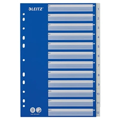 Abbildung von Leitz Register für A4, Deckblatt aus Karton und 12 Trennblätter Kunststoff, Taben mit Zahlenaufdruck 1 12, Blau/Weiß, 12516001
