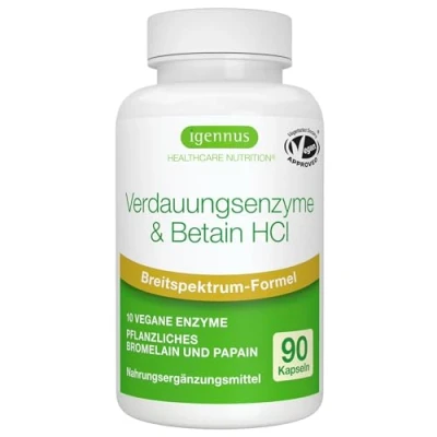 Abbildung von Verdauungsenzyme Komplex mit Betain HCl &amp; Bromelain, 10 vegane Enzyme Papain Lipase, umfassende Verdauungshilfe, hypoallergen, 90 Kapseln, von Igennus