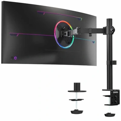 Abbildung von VIVO Single Monitor Arm Desk Mount, Holds Screens up to 32 inch Regular and 38 Ultrawide, Fully Adjustable STAND with C Clamp Grommet Base, VESA 75x75mm or 100x100mm, Black, V001…