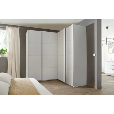Abbildung von Rauch Möbel Quadra Schrank Eckschrank Schwebetürenschrank, Grau, 4 trg., inkl. 2 Kleiderstangen, 12 Einlegeböden, 3 Schubkästen, BxHxT 181x210x187 cm