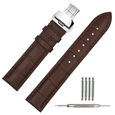 Abbildung von TStrap Uhrenarmband 21mm Leder Armband Schwarz Herren Lederarmband Uhrenband mit Edelstahl Faltschließe Faltschliesse 18mm 19mm 22mm