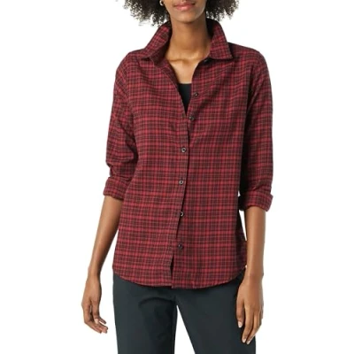 Abbildung von Amazon Essentials Damen Leichtes, Langärmeliges, Kariertes Flanellhemd, Klassischer Schnitt, Schwarz Rot Mini Kariert, S