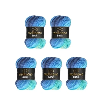 Abbildung von 5 x 100g Wollbiene Batik 500 Gramm Wolle mit Farbverlauf mehrfarbig Multicolor Strickwolle Häkelwolle (2130 blau türkis)