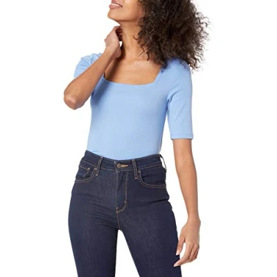 Abbildung von Amazon Essentials Damen Halbarm T Shirt mit eckigem Ausschnitt in schmaler Passform, Blau, XL