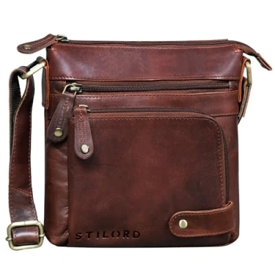 Abbildung von STILORD &#039;Cameron&#039; Kleine Leder Umhängetasche Vintage Messenger Bag Ledertasche DIN A5 8,4 Zoll Tablettasche Handtasche Cross Body Retro Ledertasche, Farbe:porto cognac