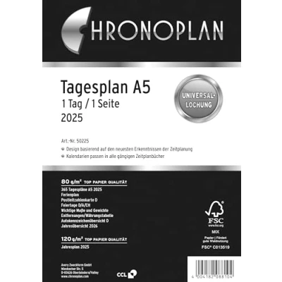 Abbildung von Chronoplan 50225 Kalendereinlage 2025 (Tagesplan A5 (148x210mm), Ersatzkalendarium für Terminplaner, Tagesplaner, ideal detaillierte Tagesplanung, 1 Tag auf Seite, mit Universallochung) weiß