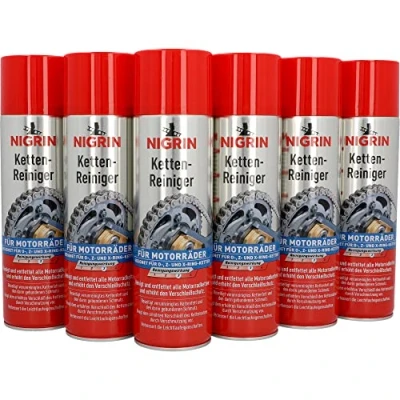 Abbildung von NIGRIN Kettenreiniger, 6 x 500 ml Sprühdose, Kettenspray für Motorrad, reinigt und entfettet Motorradketten, farblos