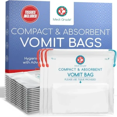 Abbildung von Medi Grade Kotztüten [22er Pack] Auslaufsichere und Absorbierende Brechbeutel Spuckbeutel Null Geruch durch Geltechnologie 750 ml Fassungsvermögen Spucktüten