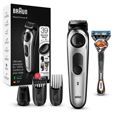 Abbildung von Braun Barttrimmer/Haarschneider Herren, Trimmer/Haarschneidemaschine, inkl. 3 Aufsätze &amp; Rasierer, 39 Längeneinstellungen, BT5265, schwarz/silber metallic