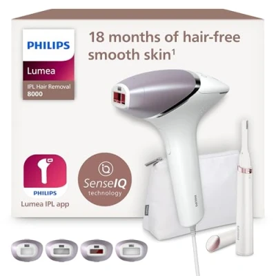 Abbildung von Philips Lumea IPL Haarentfernungsgerät 8000 Series mit SenseIQ Technologie, 4 Aufsätze und Satin Compact Korrekturtrimmer (Modell BRI949/00)