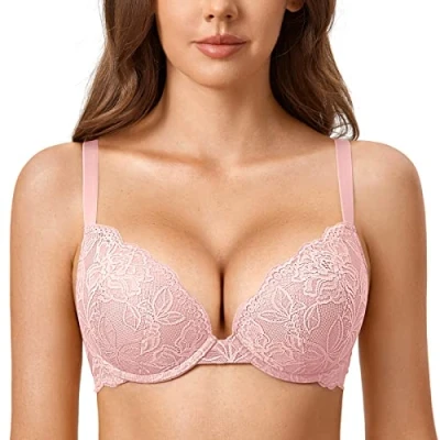 Abbildung von DOBREVA Damen Push Up BH Mit Spitze Gepolstert Plunge Bügel Vollschalen BHS Gemoldete Cups Nacktes Rosa 70B