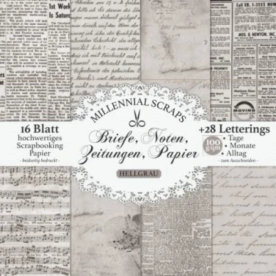 Abbildung von Briefe, Noten, Zeitungen, Papier HELLGRAU: Scrapbooking Decoupage &amp; Junk Journal Zubehör I Zum Ausschneiden Mit Letterings Karten Basteln DIY Geschenk Tagebuch Deko Grau