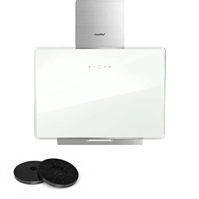 Abbildung von COMFEE&#039; A+ Dunstabzugshaube 60cm CHK 3.6J64A1W Wandhaube aus gehärtetem Glas und Edelstahl mit Touchscreen, LED Umluft Kanalsystem Wandmontierte Dunstabzugshaube, Weiß