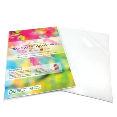 Abbildung von Vinyl Aufkleber, A4, transparent, glänzend, selbstklebend, für Tintenstrahldrucker, 15 Blatt