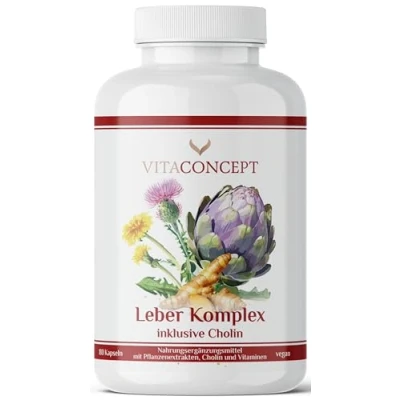 Abbildung von Leber Komplex I 180 Kapseln mit Mariendistel, Artischocke, Curcuma, Löwenzahn, Cholin, Vitamin B12, Folsäure Leberkur hochdosiert laborgeprüft in Deutschland produziert VITACONCEPT®