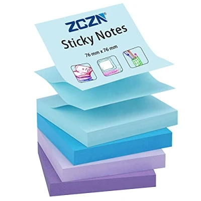 Abbildung von ZCZN Z Notes Haftnotizen Sticky Selbstklebende Haftnotizzettel Klebezettel 4 Blöcke x 100 Blatt, 76 mm in Farben (Hellblau, Blau, Hellviolett, Violett)