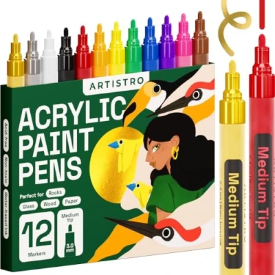 Abbildung von Acrylstifte, Acryl Stifte zum Bemalen von Steinen, Felsen, Keramik, Glas, Holz, Stoff, Leinwand, Porzellan, Metall, 12 er Set Marker Medium Spitze (2mm)