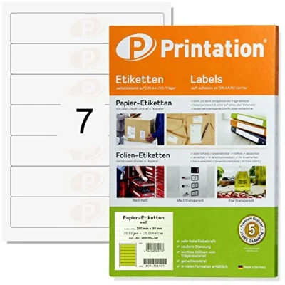 Abbildung von Printation Ordnerrücken Aufkleber schmal 190 x 38 mm 175 Ordner Rückenschilder selbstklebend weiß bedruckbar auf 25 DIN A4 Bogen 1x7 7 Etiketten pro Blatt