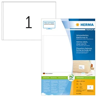 Abbildung von HERMA 8690 Universal Etiketten, 400 Blatt, 148,5 x 205 mm, 1 pro A5 Bogen, Stück, selbstklebend, bedruckbar, matt, blanko Papier Klebeetiketten Aufkleber, weiß