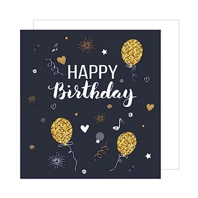 Abbildung von Edition Seidel Premium quadratische Geburtstagskarte mit Umschlag. Glückwunschkarte Happy Birthday Karte Geburtstag Mann Frau Teenager Punkte Luftballons Herzen Schwarz Gold (GQ103)