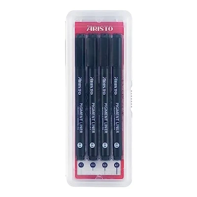 Abbildung von Aristo AR23554 Pigment Liner Set 4 teilig (4 Fineliner in den Strichstärken 0,10 / 0,30 0,50 0,70 mm, hochpigmentierter Tinte, licht und wasserbeständig, metallgefasste Spitze) schwarz