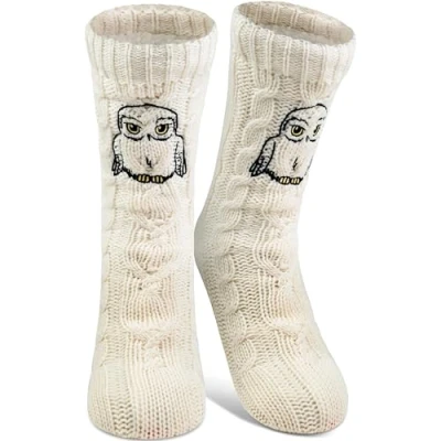 Abbildung von Harry Potter Hüttensocken Hedwig Strick Haussocken mit Sherpa Futter für Damen Kuschelsocken Flauschige Wintersocken warme Frauen Socken OneSize Weiß