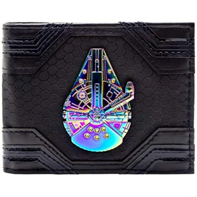 Abbildung von The Last Jedi Star Wars Millennium Falcon Irisierendes Abzeichen Han Solo Geldbörse/Geldbeutel Bi Fold ID &amp; Kartenhalter, Schwarz
