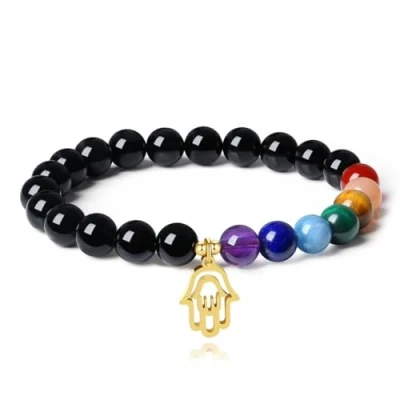 Abbildung von COAI Geschenkideen Unisex Glücksarmband aus Schörl Schwarzem Turmalin und 7 Chakren mit Hamsa Hand Charm Größe S