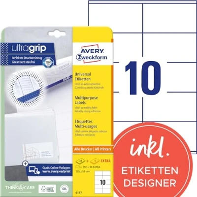 Abbildung von AVERY Zweckform 6137 Adressaufkleber (250 plus 50 Klebeetiketten extra, 105x57mm auf A4, Papier matt, bedruckbare Absenderetiketten, selbstklebende Adressetiketten mit ultragrip) 30 Blatt, weiß