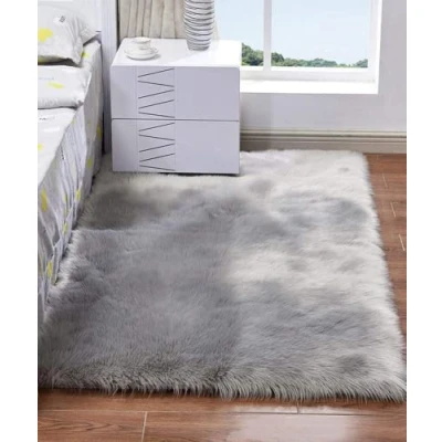 Abbildung von HARESLE Waschbarer Teppich, Lammfell Teppich Wohnzimmer Schlafzimmer Hochflor Longhair Fell Flauschig Weich Modern Imitat (Grau/60x90cm)