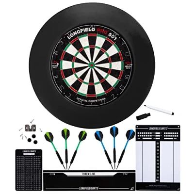 Abbildung von Engelhart Dartscheiben Set: Sisal Dartscheibe, Surround Ring, 6 Pfeile (Schwarz + Anzeigetafel Kasse Wurflinie)