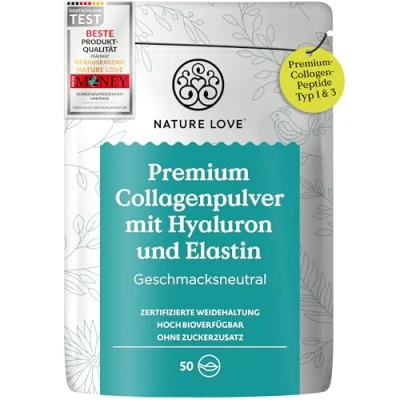 Abbildung von NATURE LOVE® Premium Collagen Pulver mit Hyaluronsäure und Elastin 500g Kollagen Peptide Type 1 3 geschmacksneutral von Rindern aus Weidehaltung laborgeprüft