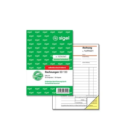 Abbildung von SIGEL SD133 Rechnungen fortlaufend nummeriert, eindeutige 7stellige Nummer wie vom Finanzamt vorgeschrieben, A6, 2x50 Blatt, selbstdurchschreibend, mit Abheftlochung