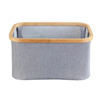Abbildung von WENKO Aufbewahrungskorb Mod. Bahari, moderne Aufbewahrungsbox mit hochwertigem Bambus Rahmen, platzsparend zusammenklappbar, 20 L Fassungsvermögen, 38 x 26 cm, aus pflegeleichtem Polyester