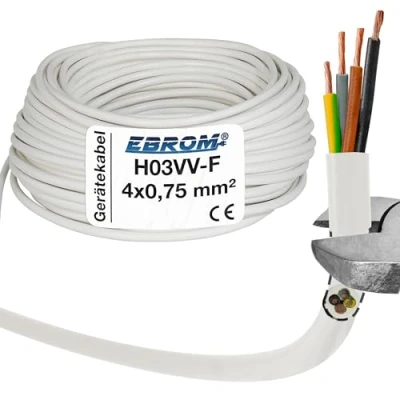 Abbildung von EBROM Kunststoff Schlauchleitung RUND, Kabel, Stromkabel, Leitung, Gerätekabel H03VV F 4x0,75 mm² Farbe: weiß, viele Längen in 5 Meter Schritten bis 250 mm2, Ihre Kabellänge: