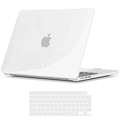 Abbildung von TECOOL Hülle für MacBook Air 15 Zoll M3 M2 2024 A3114 u. 2023 A2941, Ultradünne Hartschale Schutzhülle Case und EU QWERTZ Tastaturschutz, Glitzer Klar